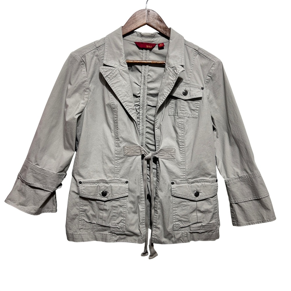 GILI Womens Utility Jacket M Beige Tie Front Ruched Back Safari Boho Layered‎
